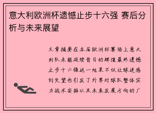 意大利欧洲杯遗憾止步十六强 赛后分析与未来展望