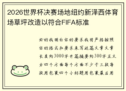 2026世界杯决赛场地纽约新泽西体育场草坪改造以符合FIFA标准