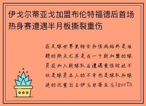 伊戈尔蒂亚戈加盟布伦特福德后首场热身赛遭遇半月板撕裂重伤